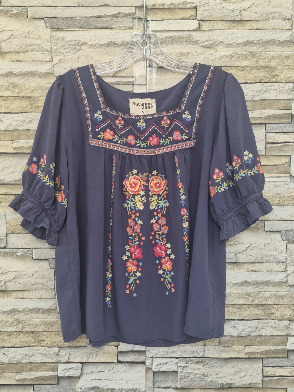 Savanna Jane Boho Peasant Blouse Women's Medium Navy Floral Embroidery Western